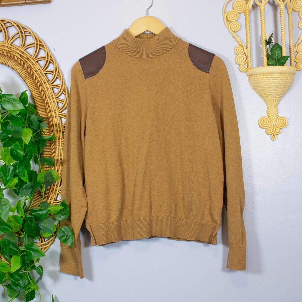 VTG Camel Mock Neck Sweater Faux Leather Shoulder Patch Equestrian | True Autumn